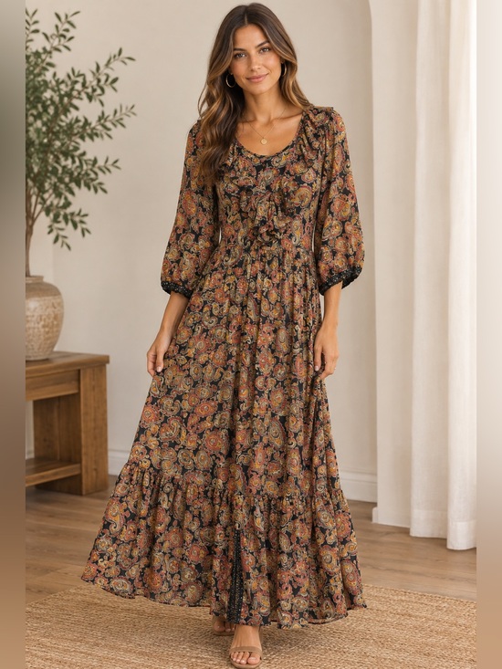 Me 2 Magic Dresses & Skirts - Anthropologie Boho Earthy Whimsical Maxi Dress Artisan Paisley Gold Ruffle L